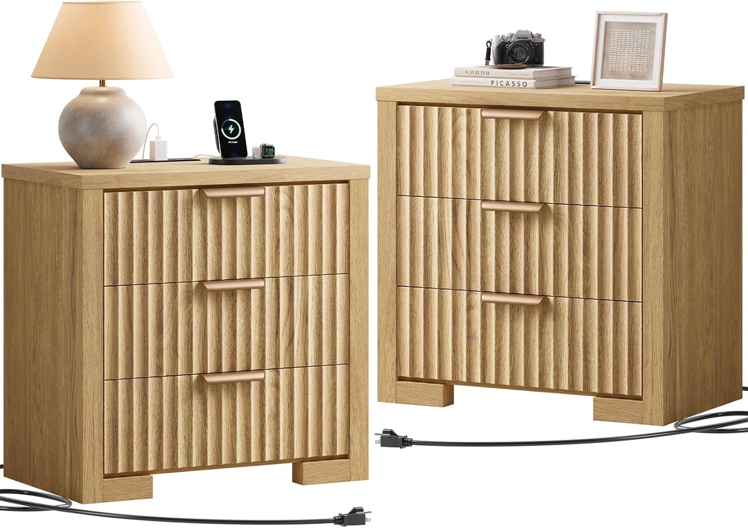 24 Fluted Night Stand Set of 2, Large Bedside Table with 3 Drawers, Modern Nightstand with Charger Station for Bedroom Home Office, Natural Oak