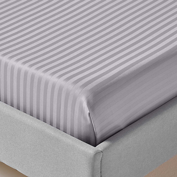 Drap plat satin rayé en coton égyptien 330 fils gris, 275x275 cm - HOMESCAPES