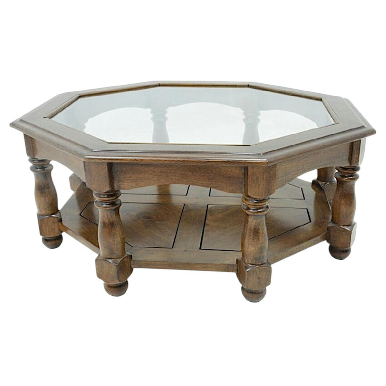 Table basse Octogonale Hévéa double plateaux, 1 plateau haut verre, 1 plateau bas bois D100xH40cm TRADITION