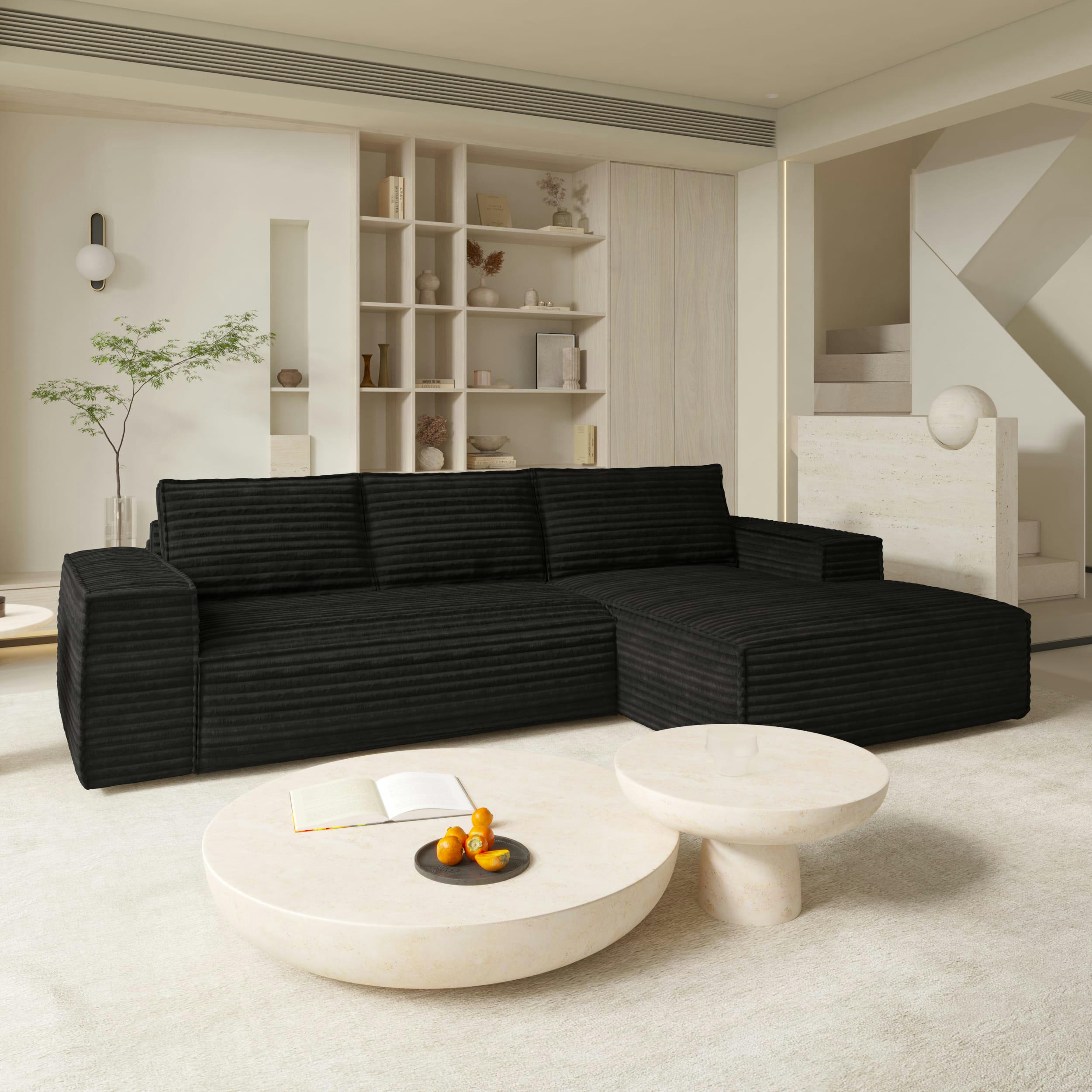 JOAN - Canapé convertible angle droit velours côtelé XXL noir 140cm