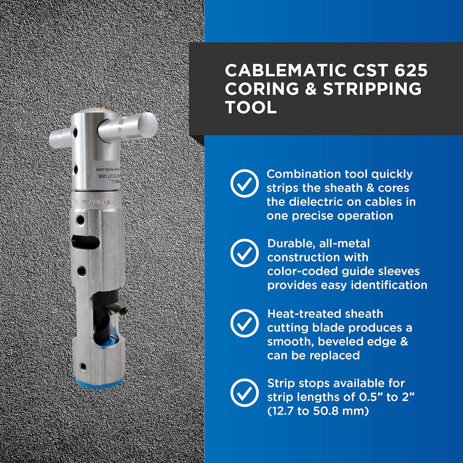 Cablematic CST 625 Blue Combo Coring and Stripping Tool for Professional Technicians, Electricians, and Installers, Easily Portable Tool for 625 Kcmil Cable, 13 Ounces