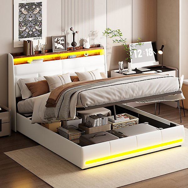 Lit coffre double 160x200 avec sommier et USB, LED, Cadre de lit avec Rangement et Tete de Lit, Blanc
