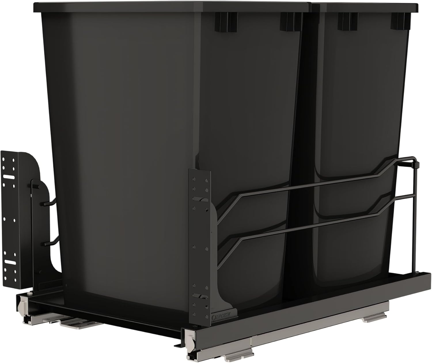 Rev-A-Shelf Steel Double Pullout Waste Container with Soft-Close, 35 Quart, Black - Sliding Garbage Bin System with Dual Trash Can for 18 Home Kitchen Base Cabinet, 53WC-1835SCDM-218