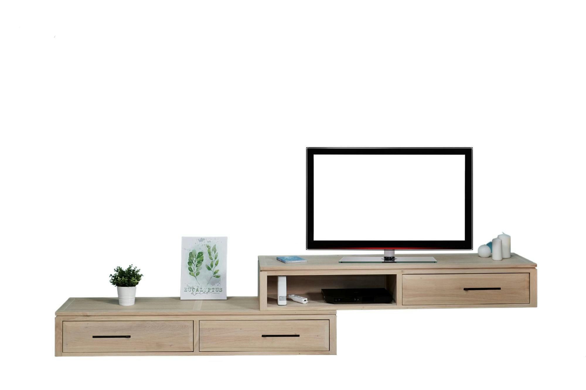 BOSTON - Ensemble meuble TV suspendu en chêne blanchi 2 éléments