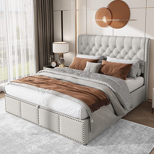 Lit 140x190 cm avec rangement (sommier inclus) et tête de lit rembourrée en lin gris minimaliste européen