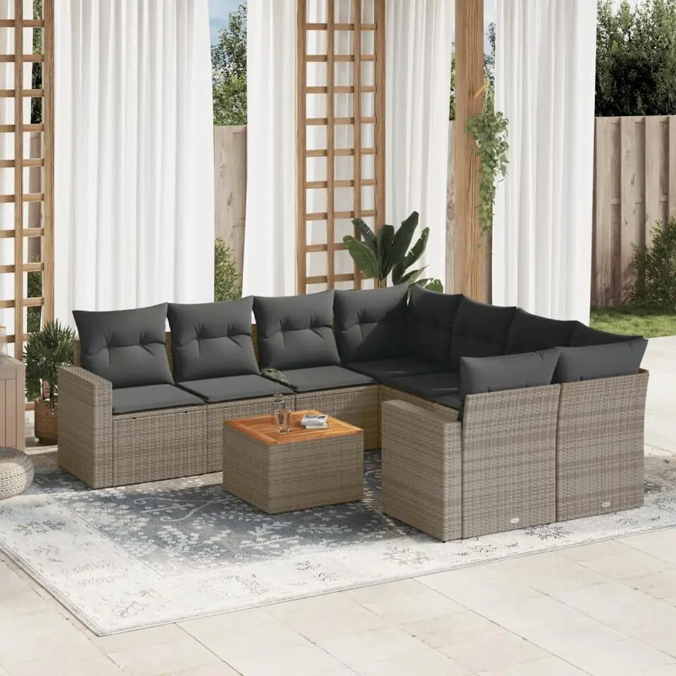vidaXL Loungeset met kussens & salontafel voor 8 personen- Grijs - Poly rattan