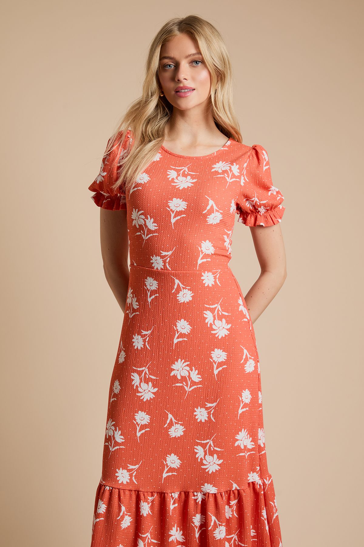 Dorothy Perkins Daisy Frill Neck Puff Sleeve Printed Jersey Midi Dress