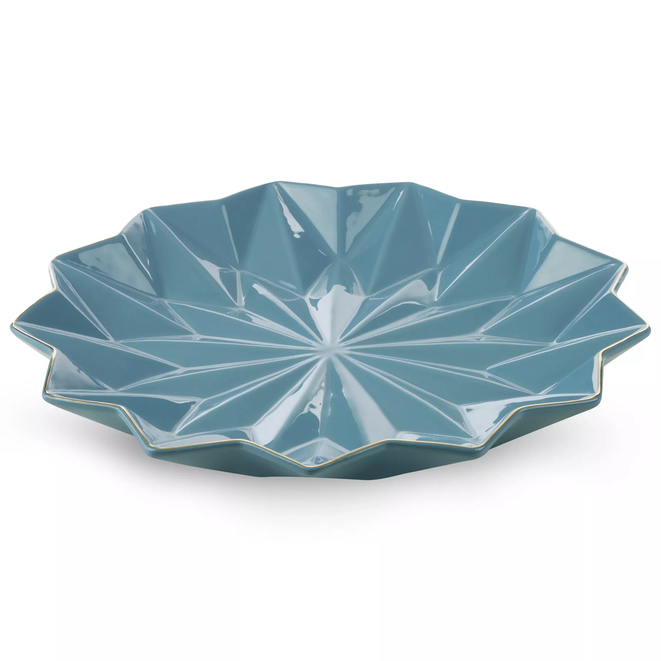 Patera ceramiczna niebiesko-złota z geometrycznymi wytłoczeniami 33x33x4 cm ALANI