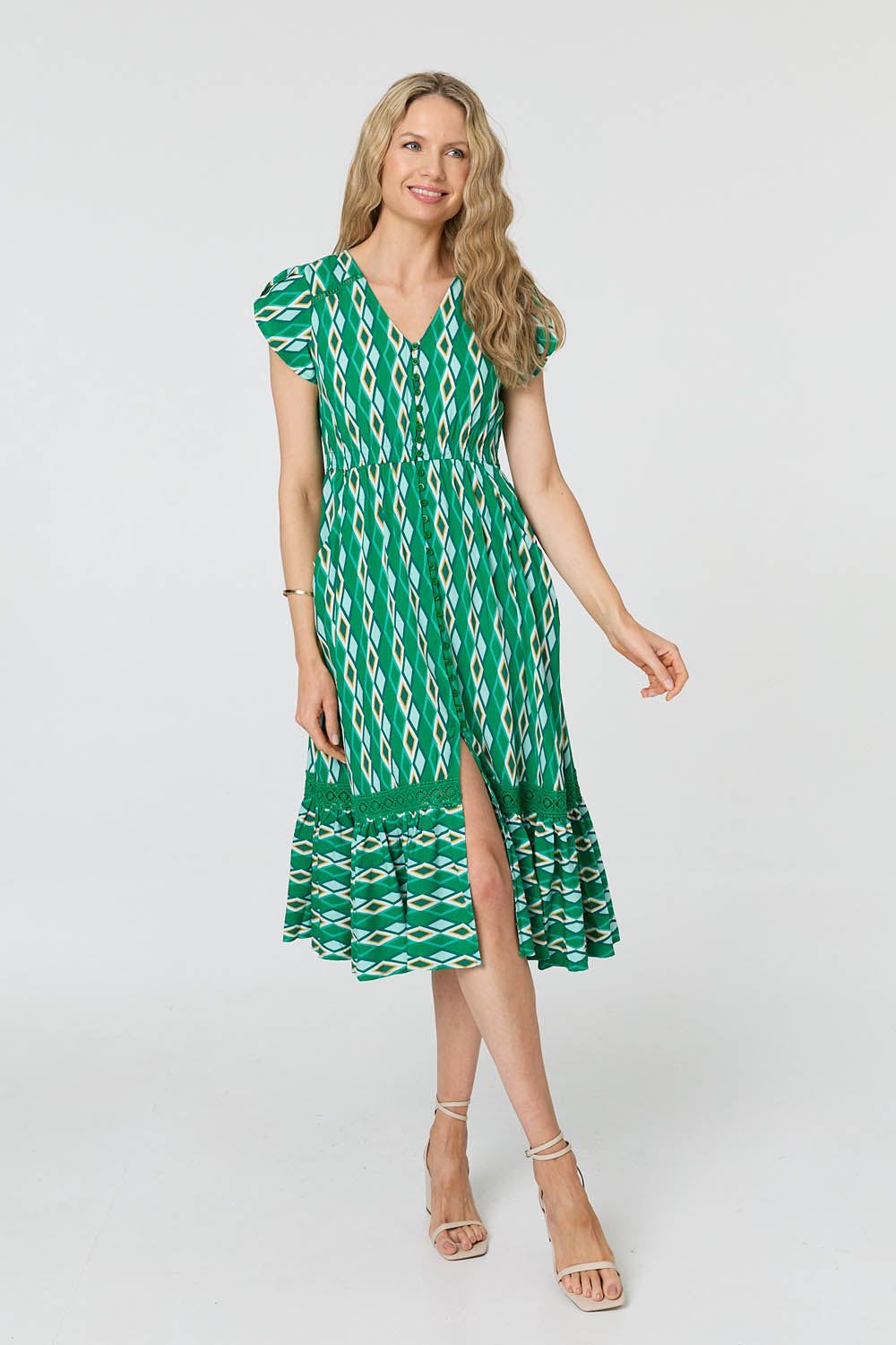 Izabel London Geo Print Cap Sleeve Lace Midi Dress
