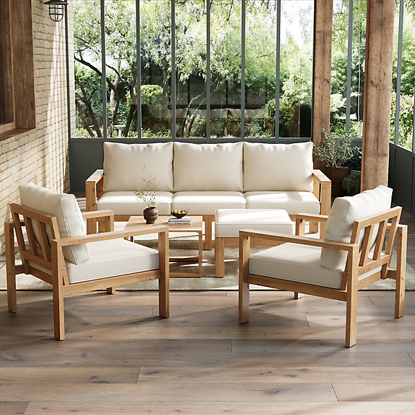 Ensemble de mobilier de jardin 5-6 places - Canapé 3 places, 2 chaises, table basse, repose-pieds - en acacia - Marron