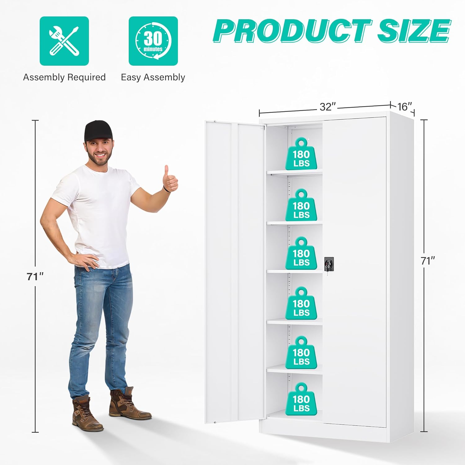 SISESOL White Metal Storage Cabinet with 5 Adjustable Shelves,71 Tall Metal Cabinet with Locking Doors,Steel Cabinet with Lock,Lockable Storage Cabinets for Home,Office,Kitchen,Laundry,Pantry