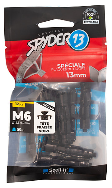 12 chevilles corps creux acier zingué Spyder M6 13mm   vis tête fraisée noires