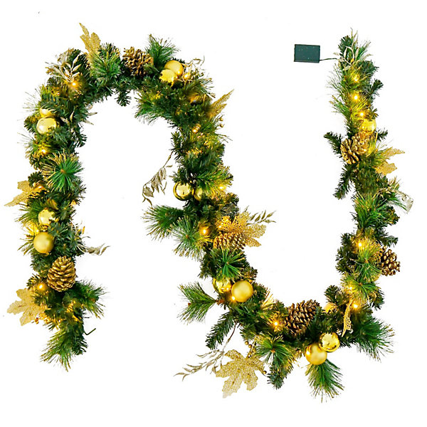 Guirlande de Noël Lumineuse Artificielle 270CM avec Lumières LED Blanc Chaud, Baies, Boules, Fleurs et Pommes de Pin Dorées (Doré)