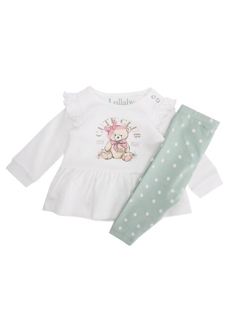 Baby Girls Cream Bear Top & Green Leggings Set