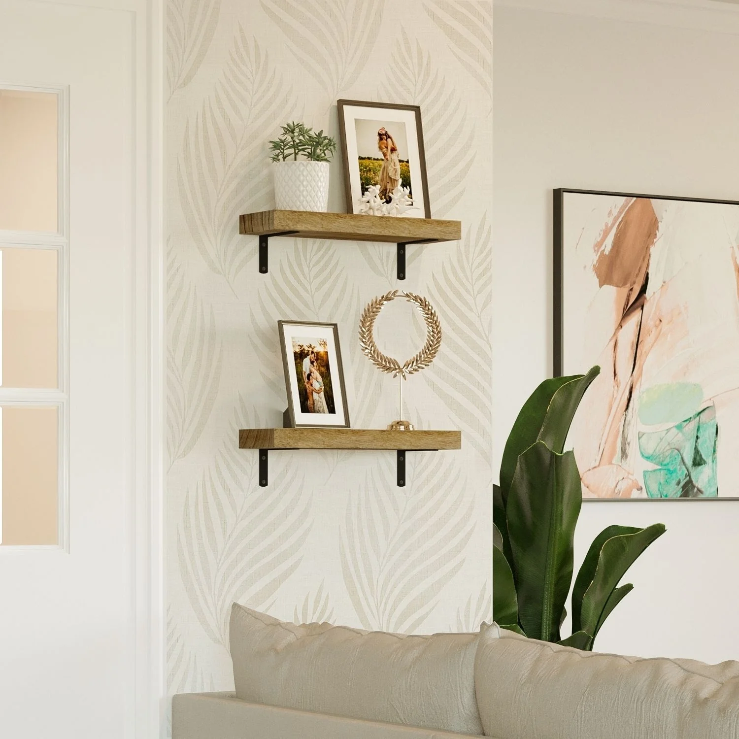 Wallniture Palma 17 Floating Wood Shelves, Natural Burned, Set of 2