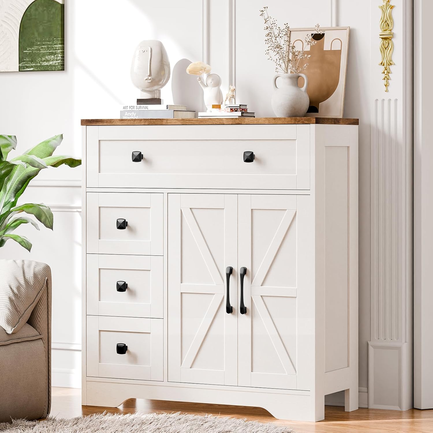 Vabches Farmhouse Storage Cabinet with 2 Doors and 4 Drawers, Freestanding Bathroom Storage Cabinet Kitchen Pantry, Floor Hutch Cupboard for Living Room/Bathroom/Kitchen.(Antique White