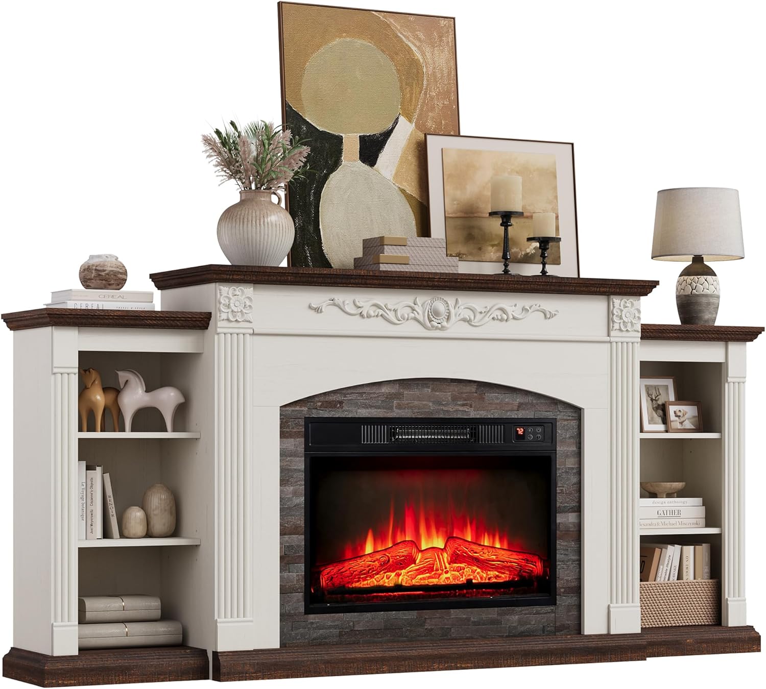 72 Electric Fireplace TV Stand for TVs Up to 85, Farmhouse Entertainment Center with Realistic Stacked Stone Surround, Freestanding Heater, Wooden Carved Mantel for Living Room, White