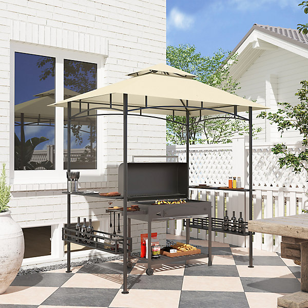 Abri pour barbecue - pavillon pour barbecue - barnum - 4 étagères - métal noir tissu beige