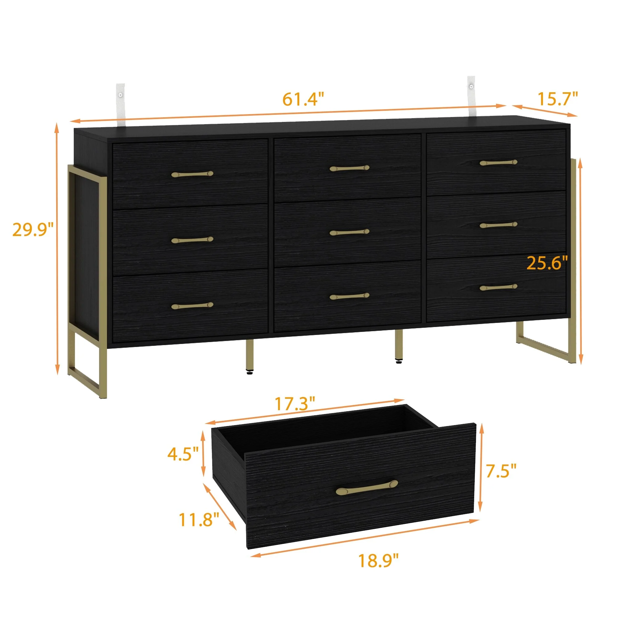 Elegant 9-Drawer Dresser with Gold Accents - Black Stripe Finish Chest