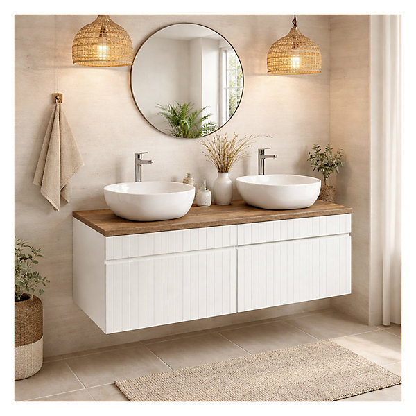 Ensemble ICON blanc : meubles sous vasque 160cm et plan pour vasque aspect bois foncé