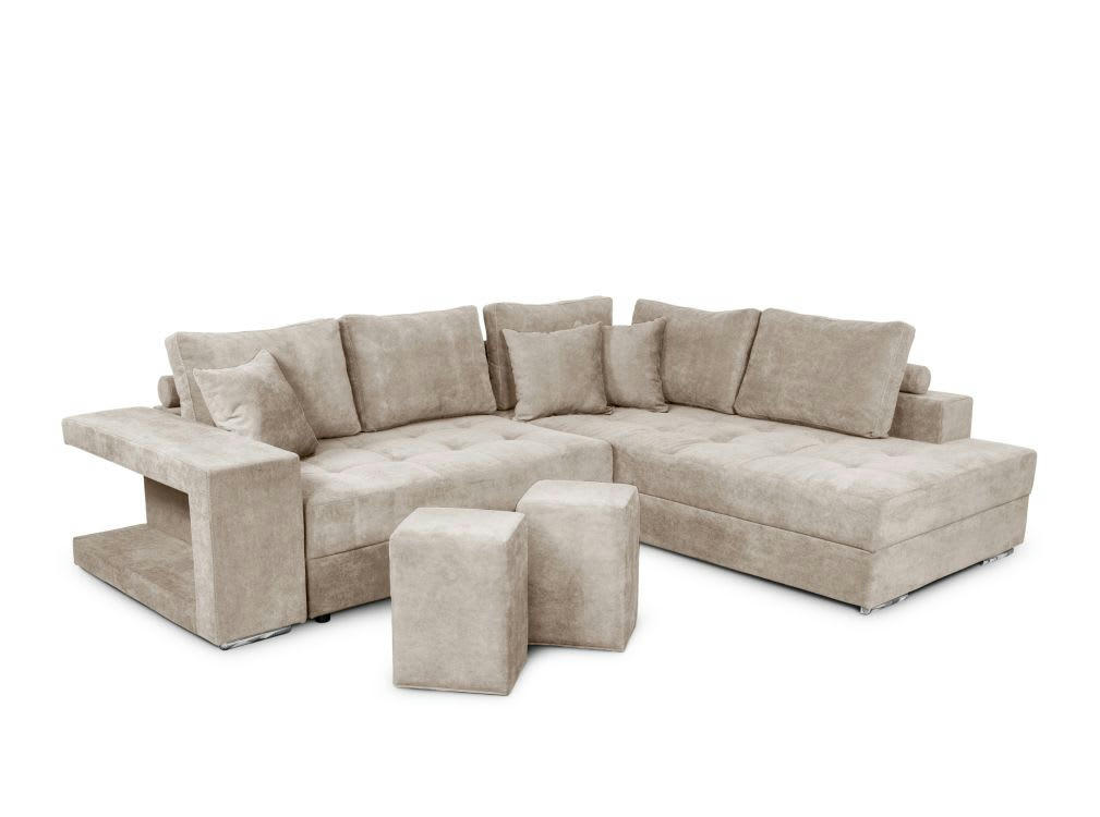 TAMIA - Canapé d'angle convertible avec coffre et 2 poufs -  Beige