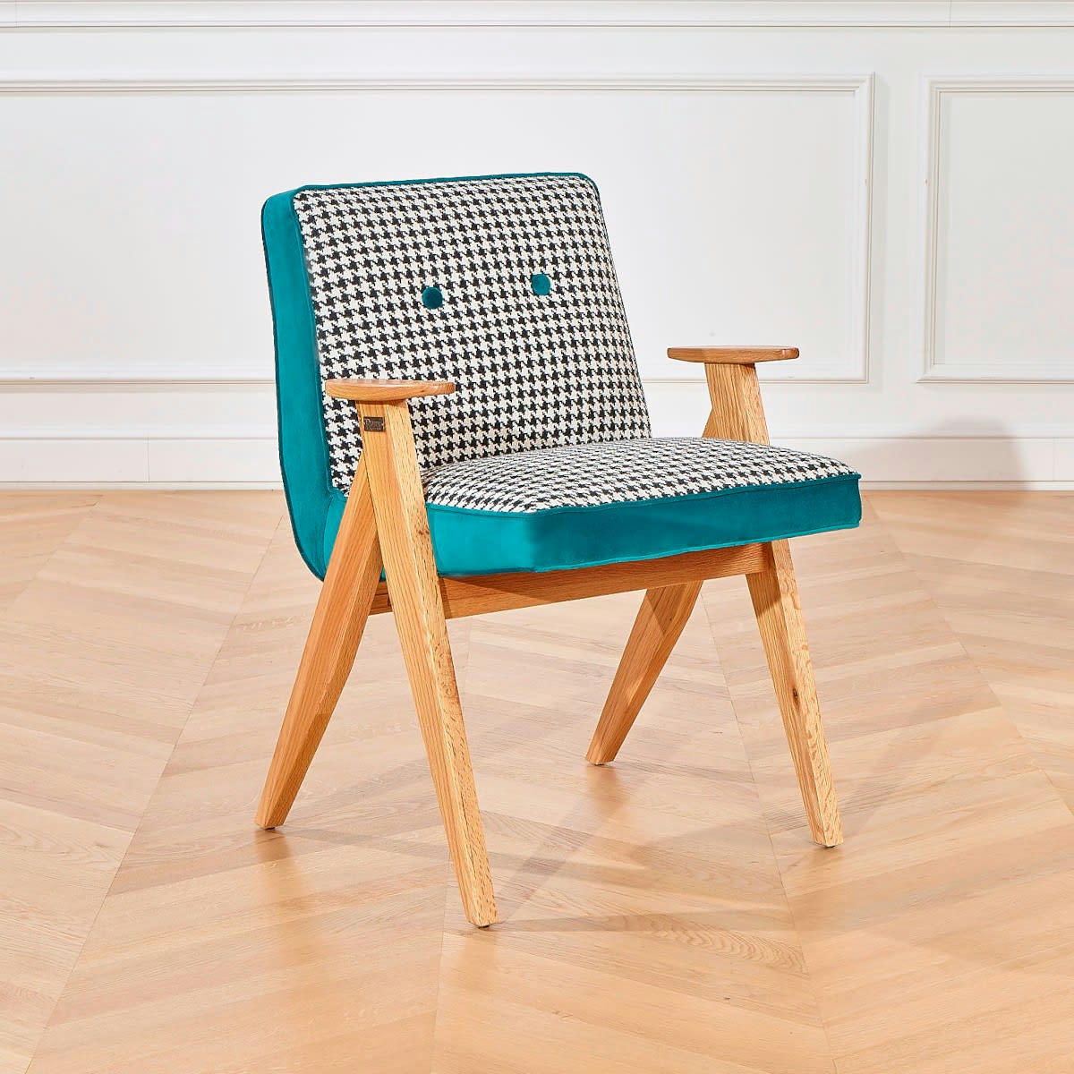 BILLY - Fauteuil tissu pied de poule et velours bleu canard