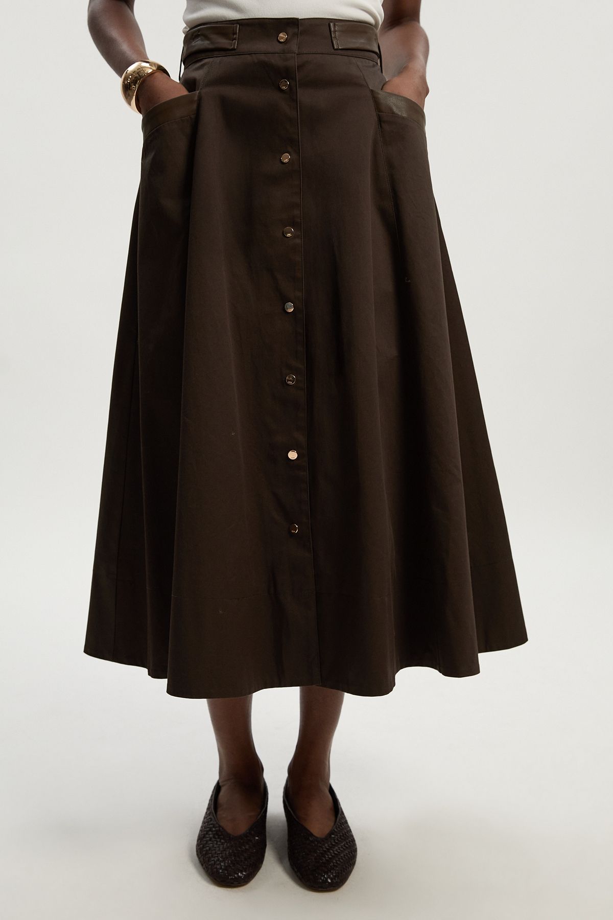 KarenMillen Cotton & Faux Leather Tab Full Maxi Skirt