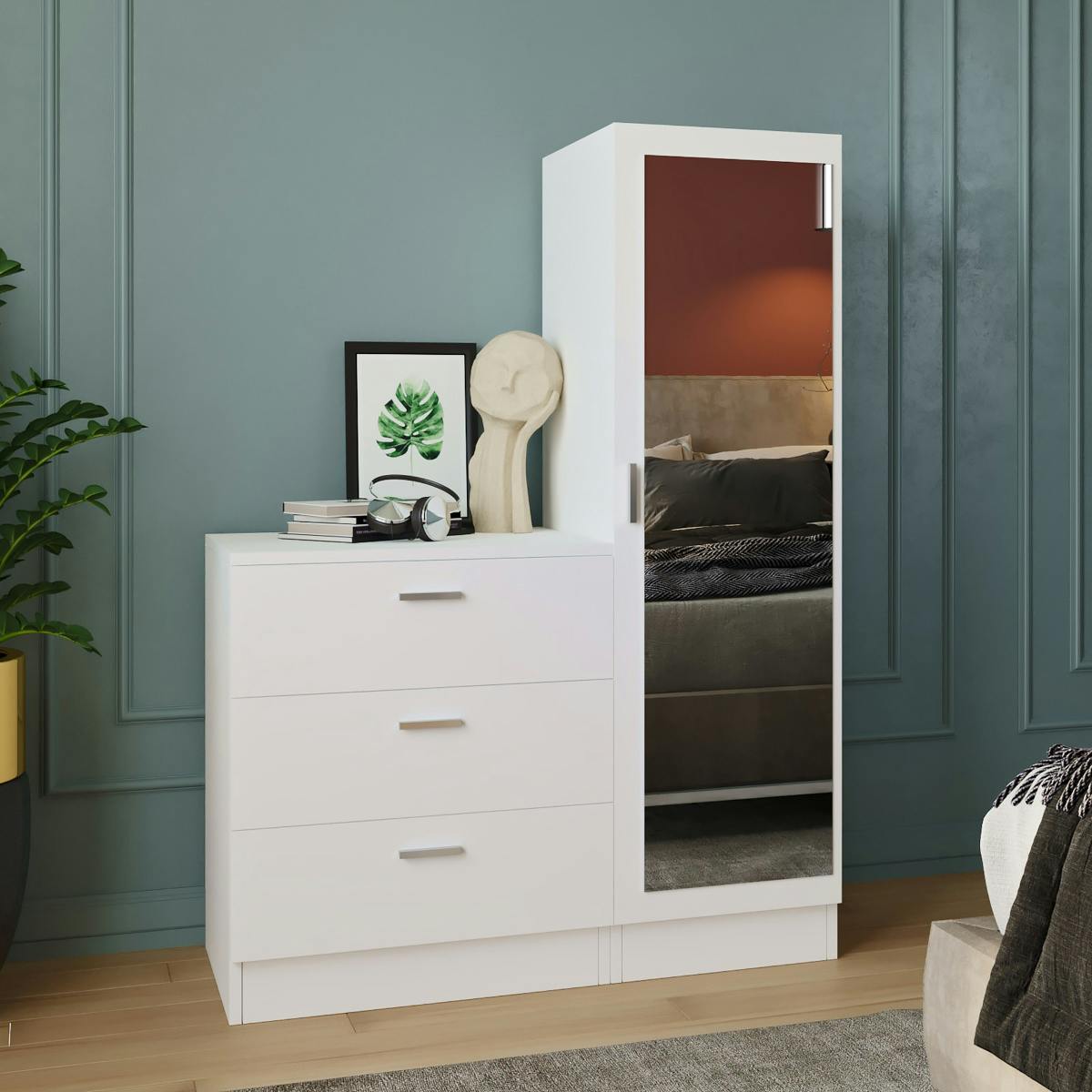 Armoire penderie compacte blanche avec miroir MARFA