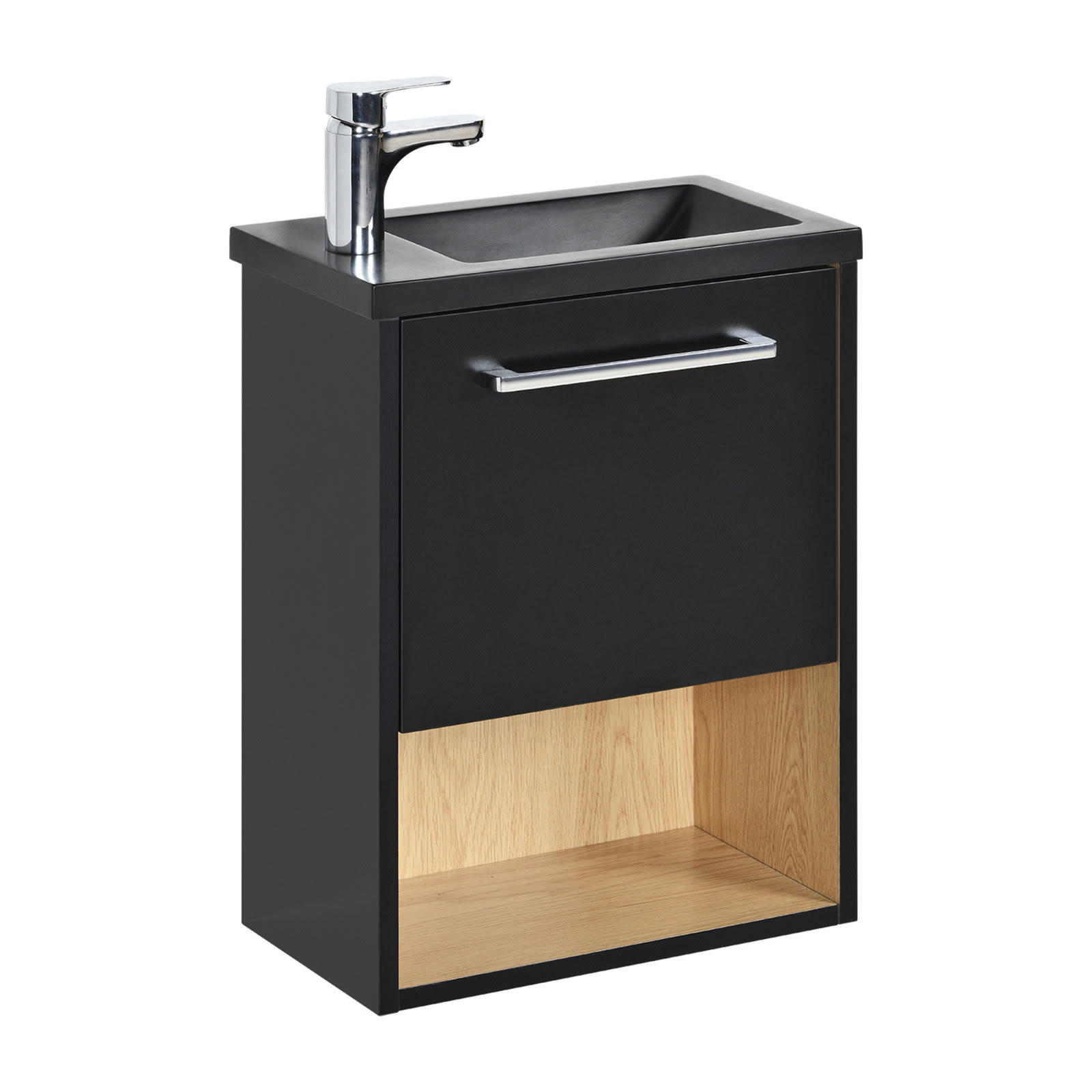 NIKA - Meuble lave-mains  Noir intérieur décor chêne + robinet chromé