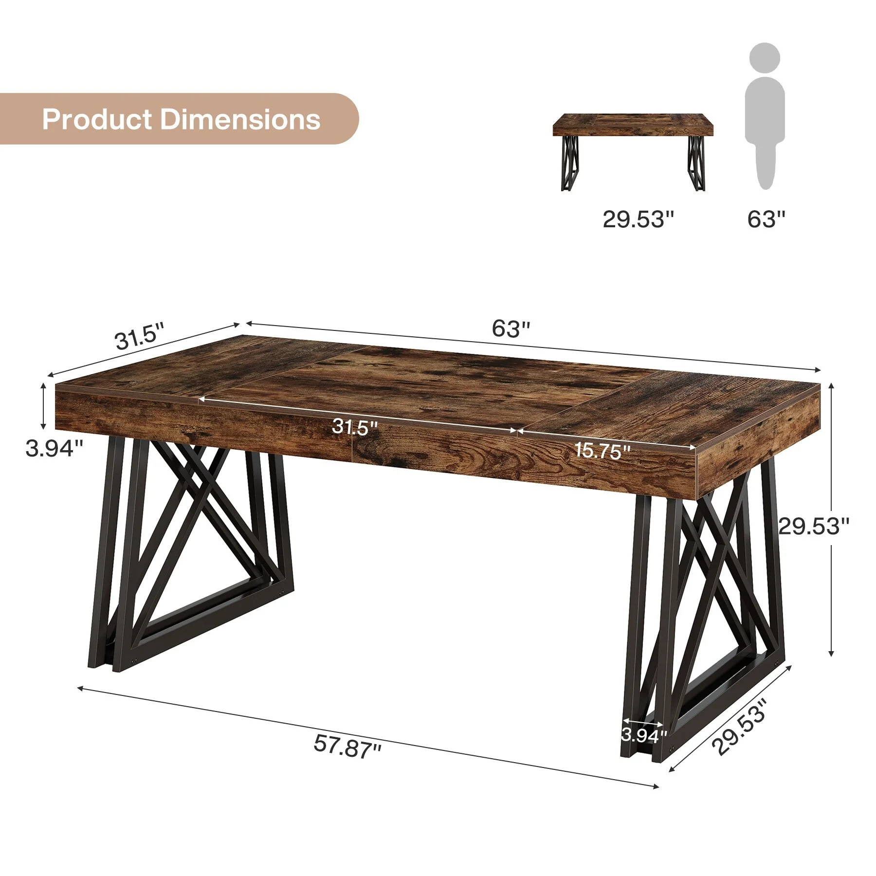 63'' Industrial Large Office Computer Desk with Sturdy X-Shaped Legs