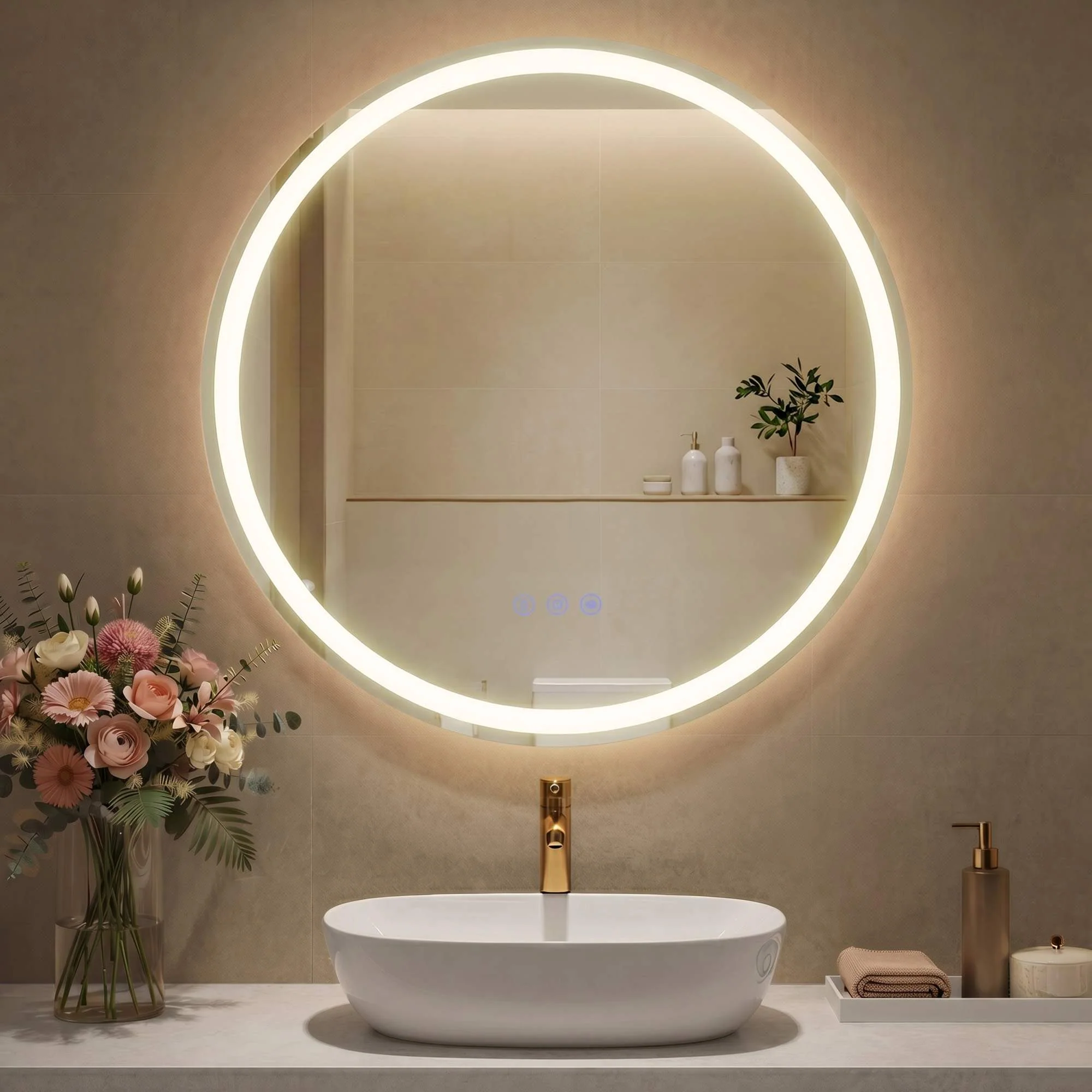 Miroir mural rond de salle de bains avec éclairage LED, anti-buée