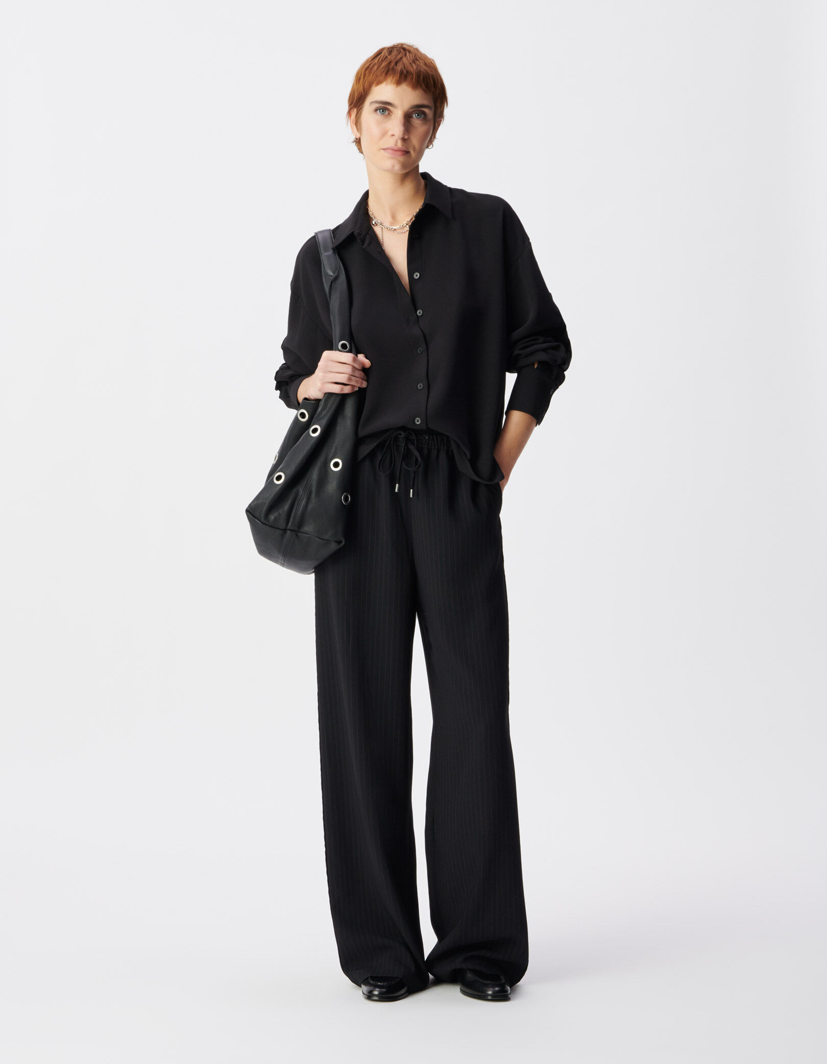 Chemise noire manches longues ajourées Femme