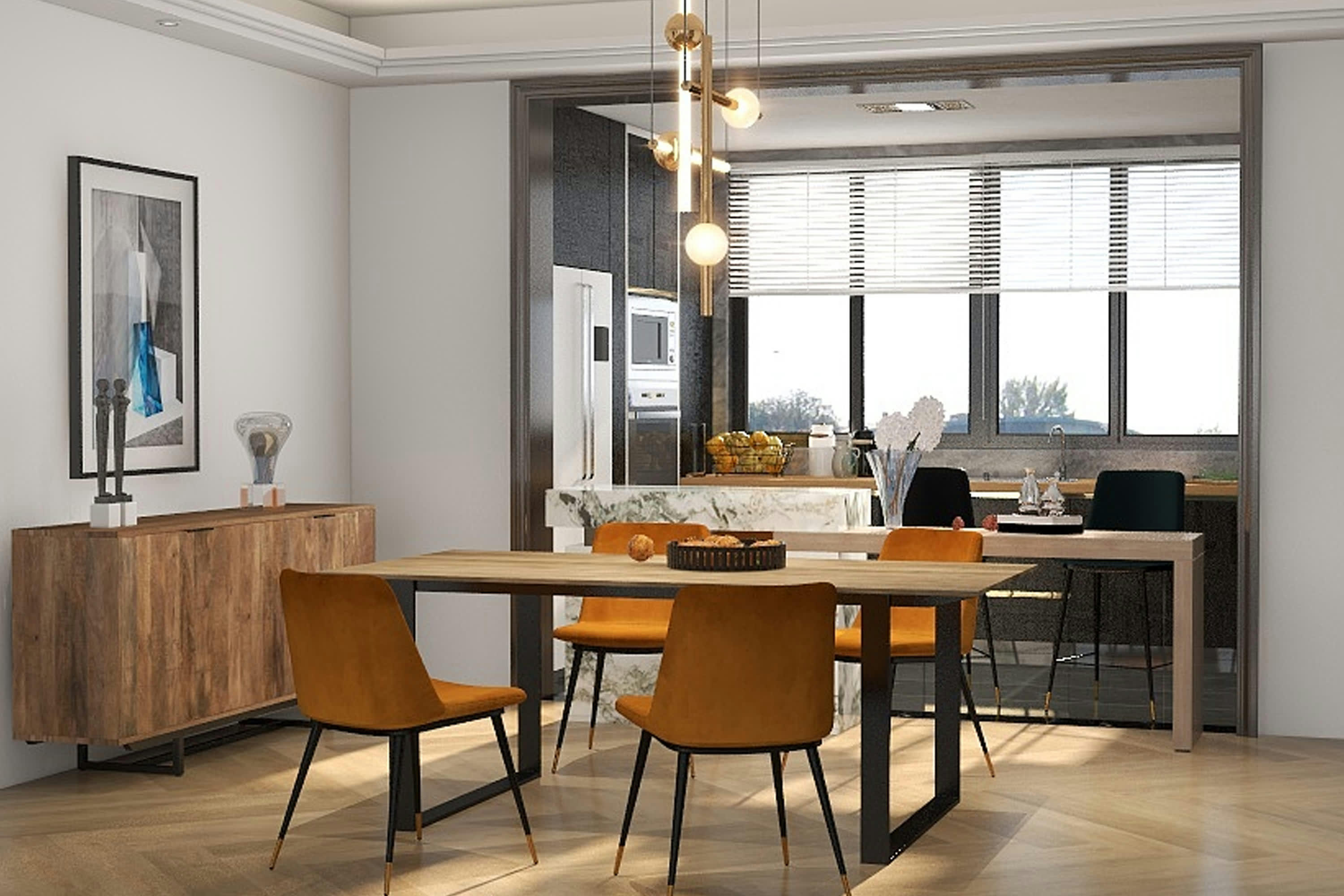 ENZO - Chaise en velours Moutarde, pieds métal noir mat et doré (x2)