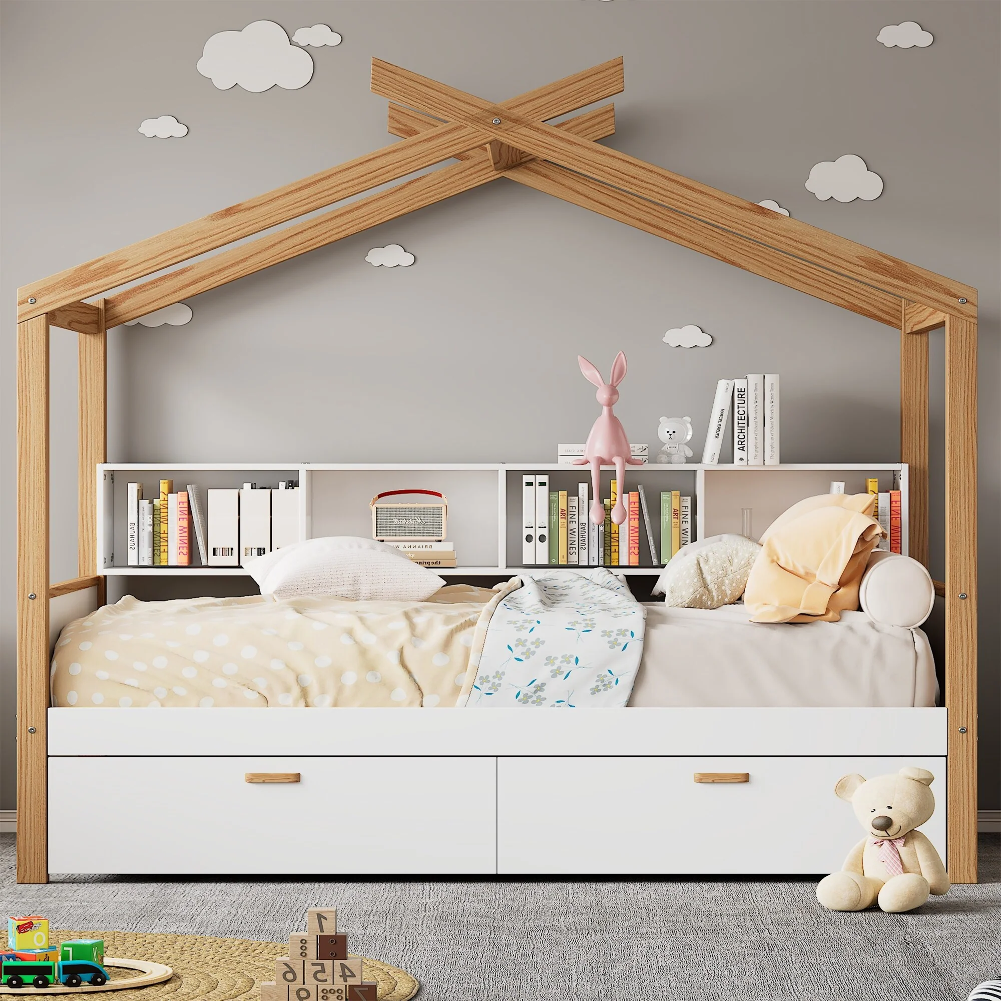 Full Wooden House Bed with Trundle & Storage