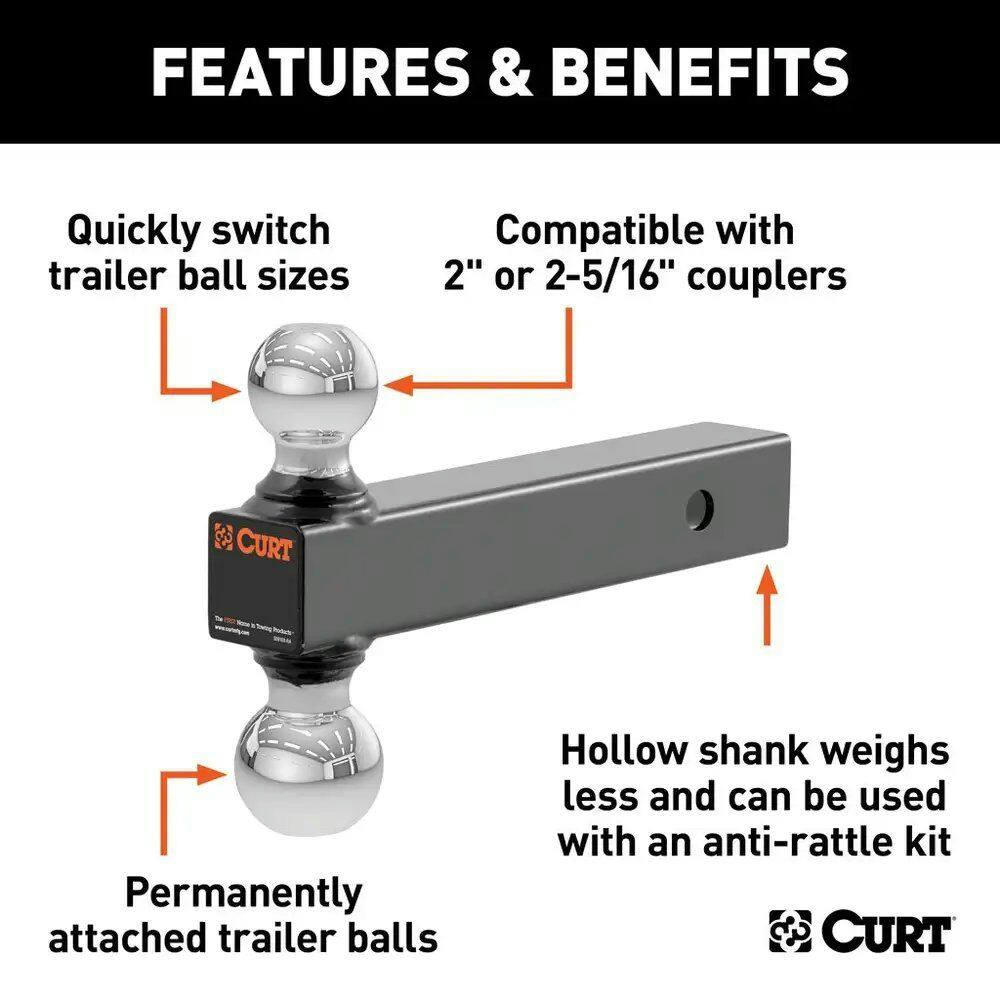 CURT 45002 Multi-Ball Mount 2-in Hollow Shank, 2-in & 2-5/16-in Chrome Balls