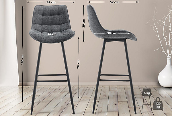 Lot de 2 tabourets de bar Dartford, Chaise de bar rembourrée, Structure métallique Grisfoncé/Tissu