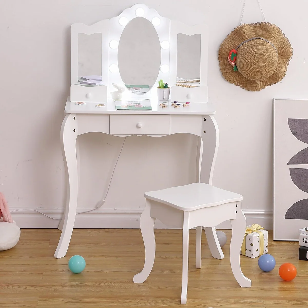 Kids Vanity, Girls Vanity Table with Tri-Folding Mirror