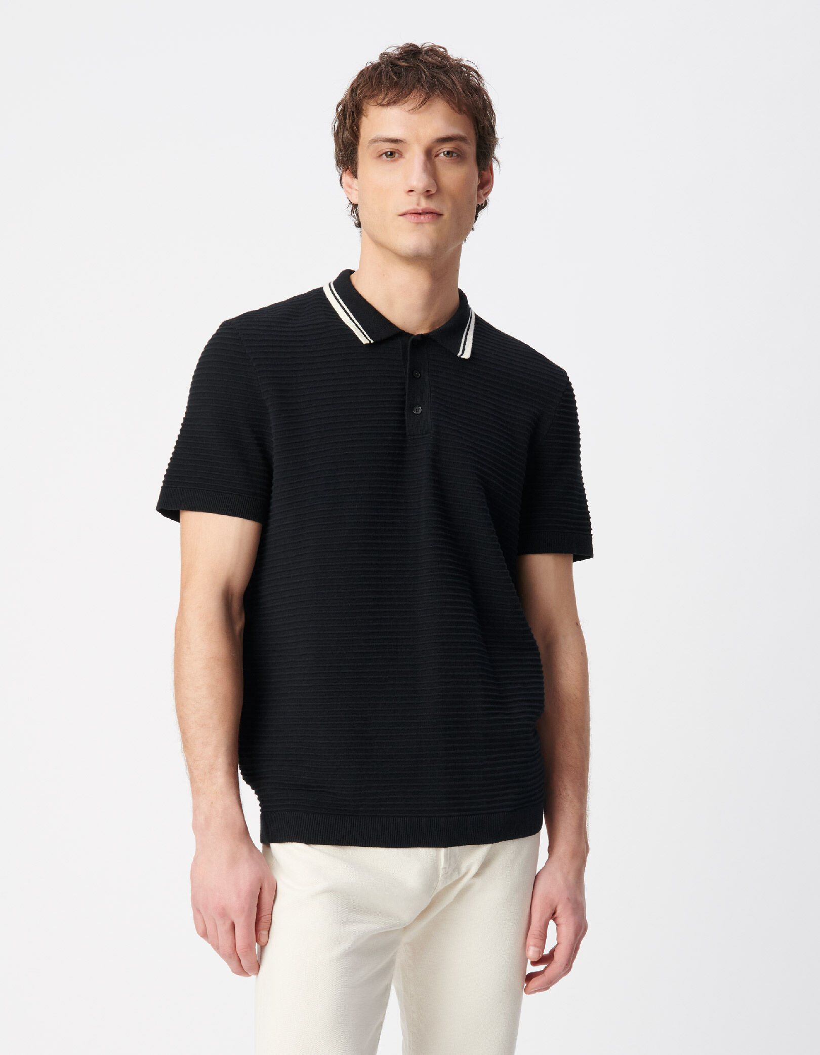 Polo noir tricot relief rayures col rayé Homme