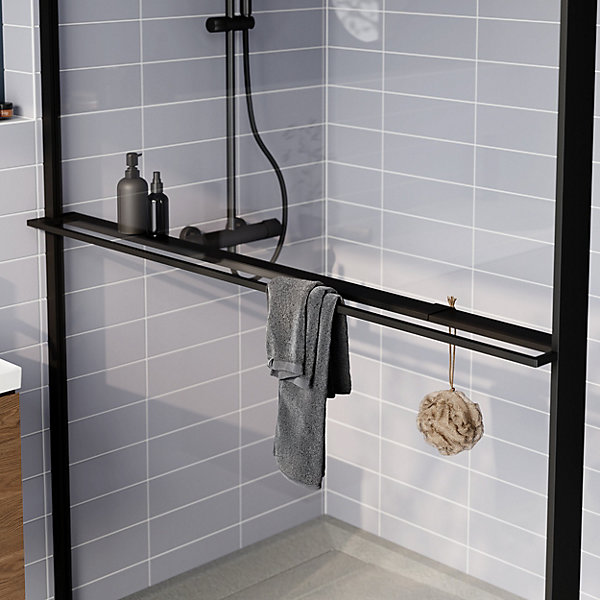 Paroi de douche à l'italienne l.140 x H.195 cm, verre transparent, profilés noir, GoodHome Evanna   barre fixe