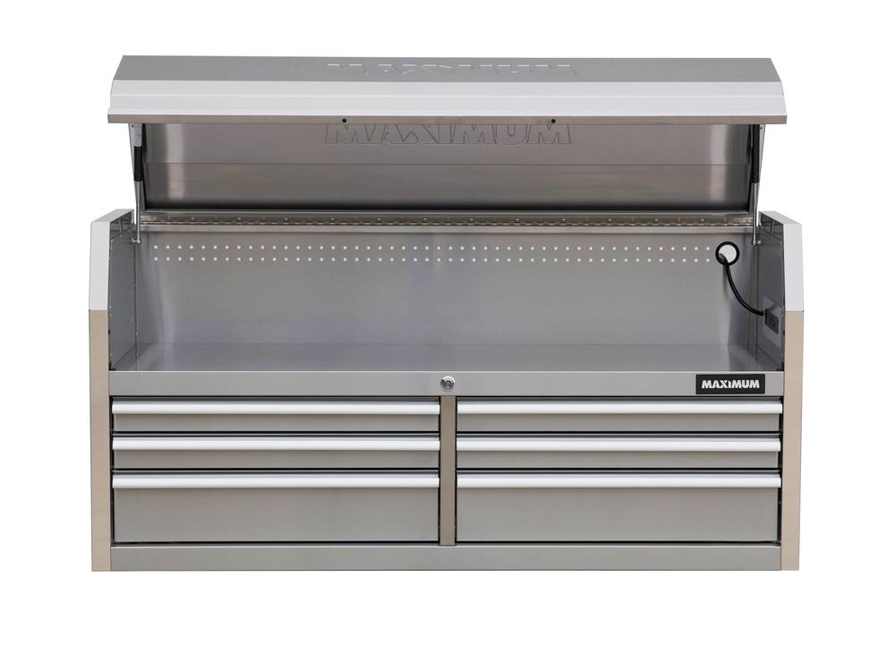 MAXIMUM Tool Storage Chest with 6 Drawers, Powerbar with USB, Stainless Steel, 56-in