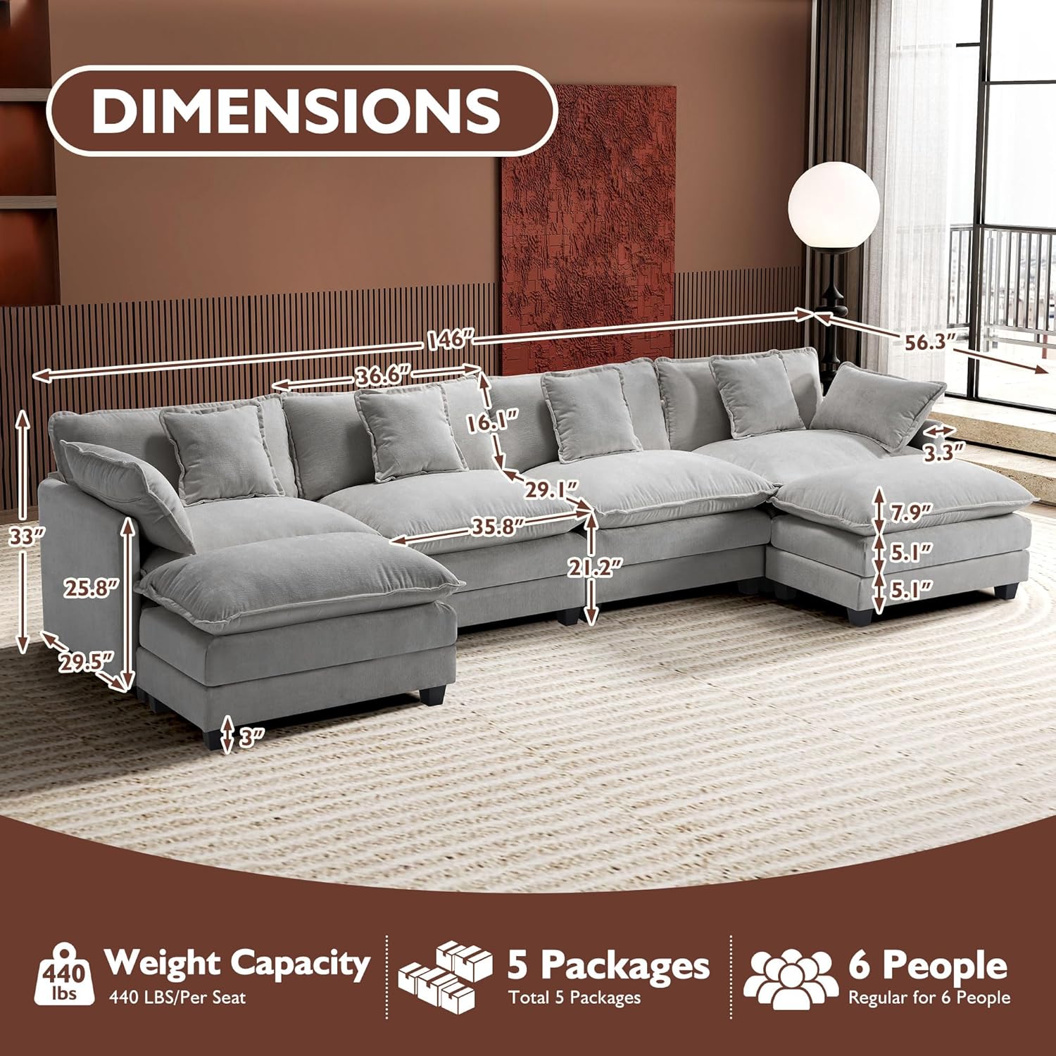 Ihanherry 146 U-Shaped Modern Sofa Modular Sectional Cloud Couch with 2 Ottoman, 6-Seat Chenille Deep Seat Sofa with 6 Pillows for Living Room, Bedroom and Apartment, Grey
