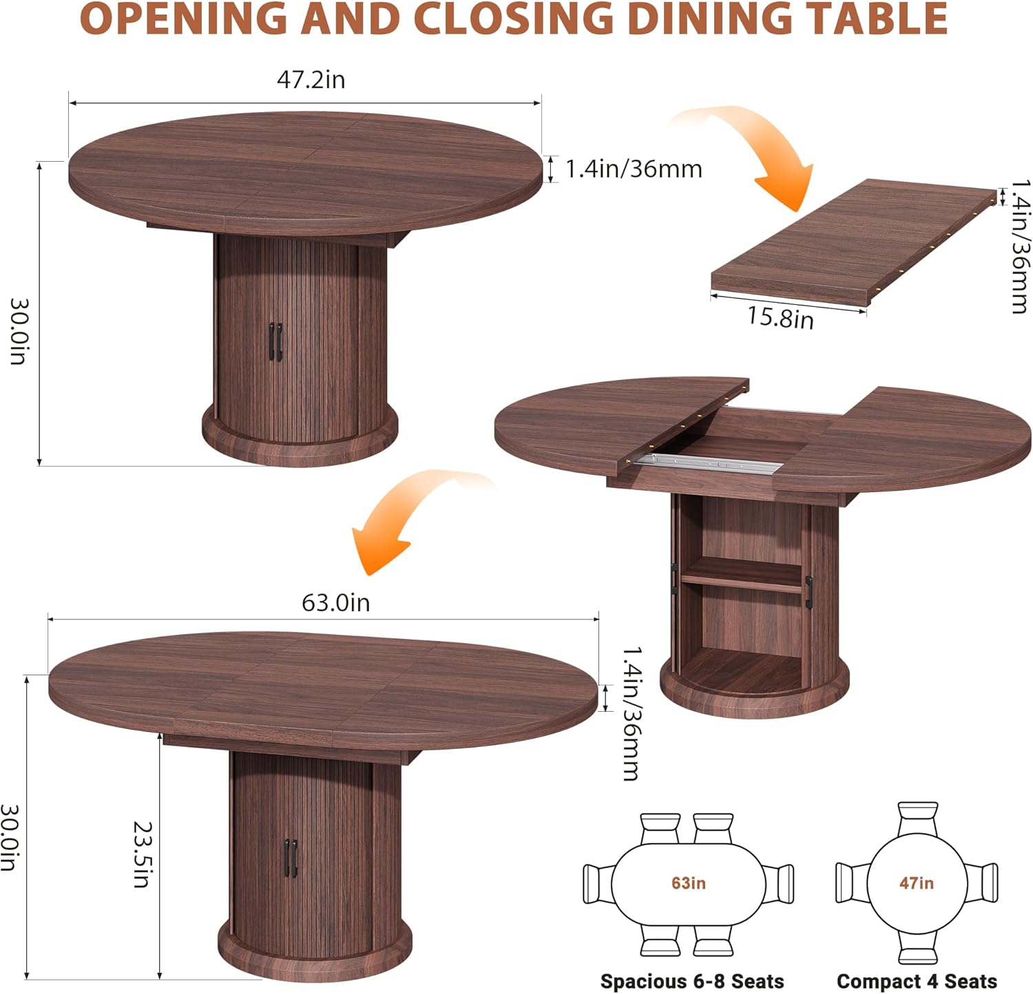 Jocoevol 47″–63″ Extendable Round Dining Table for 4–8 with Dust-Proof 2-Tier Storage Shelf Space Saving Expandable Wood Oval Circle Dinner Furniture with Pedestal Base (Brown)