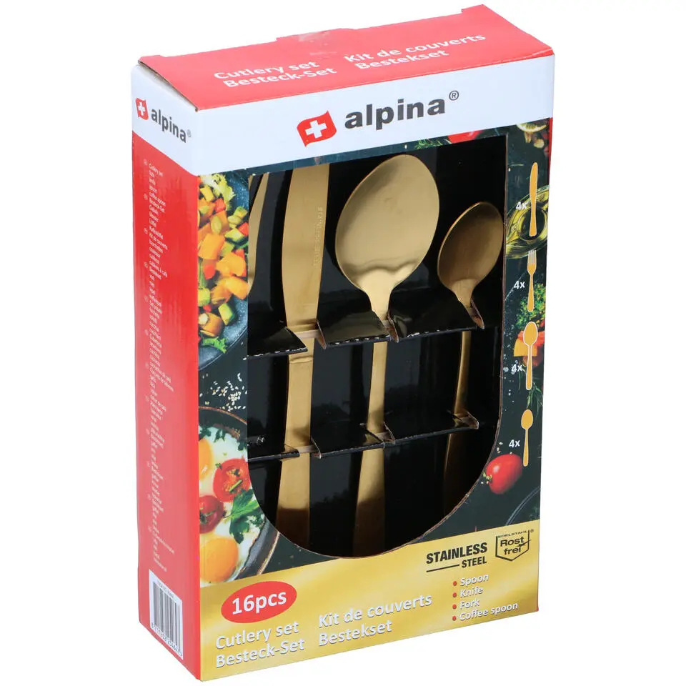 Alpina Bestek - 16-delig - 4 personen - mat goud - RVS
