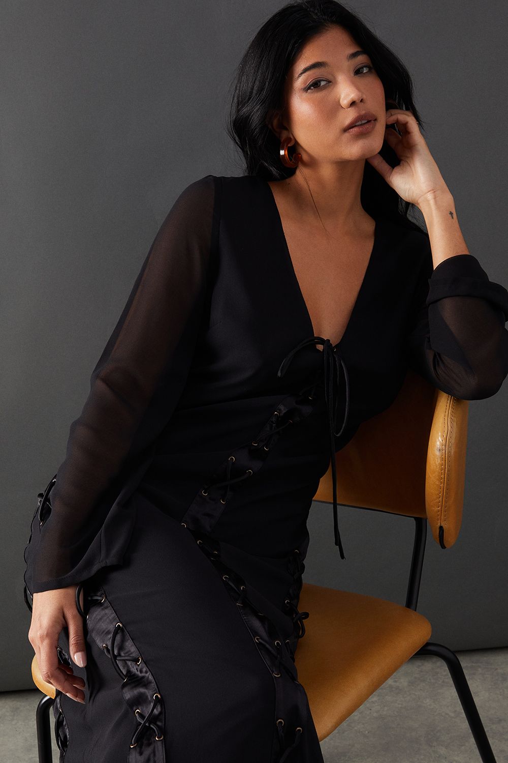 Warehouse Chiffon Lace Up Panelling Midi Dress