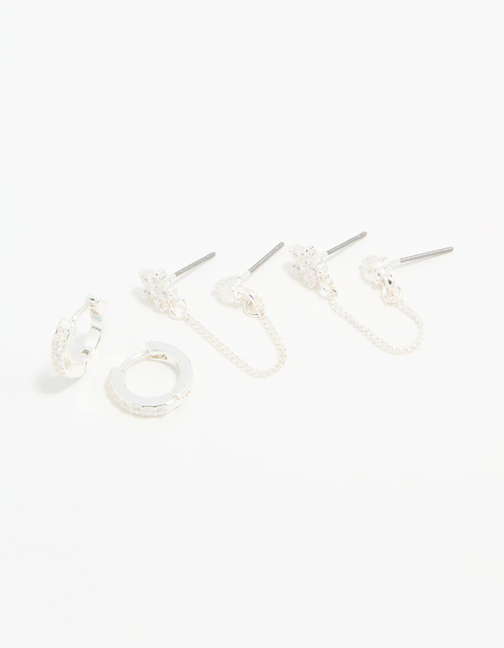 Silver Cubic Zirconia Chain Flower Chain & Huggie Earrings 3-Pack