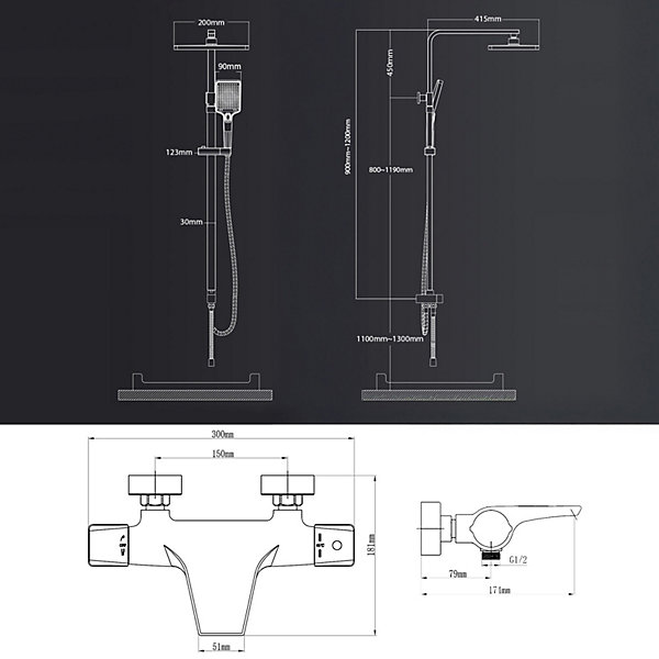 Colonne de Douche Thermostatique Noir Ensemble de Douche Robinet Cascade pour Baignoire Laiton Set de Douche Hauteur Réglable