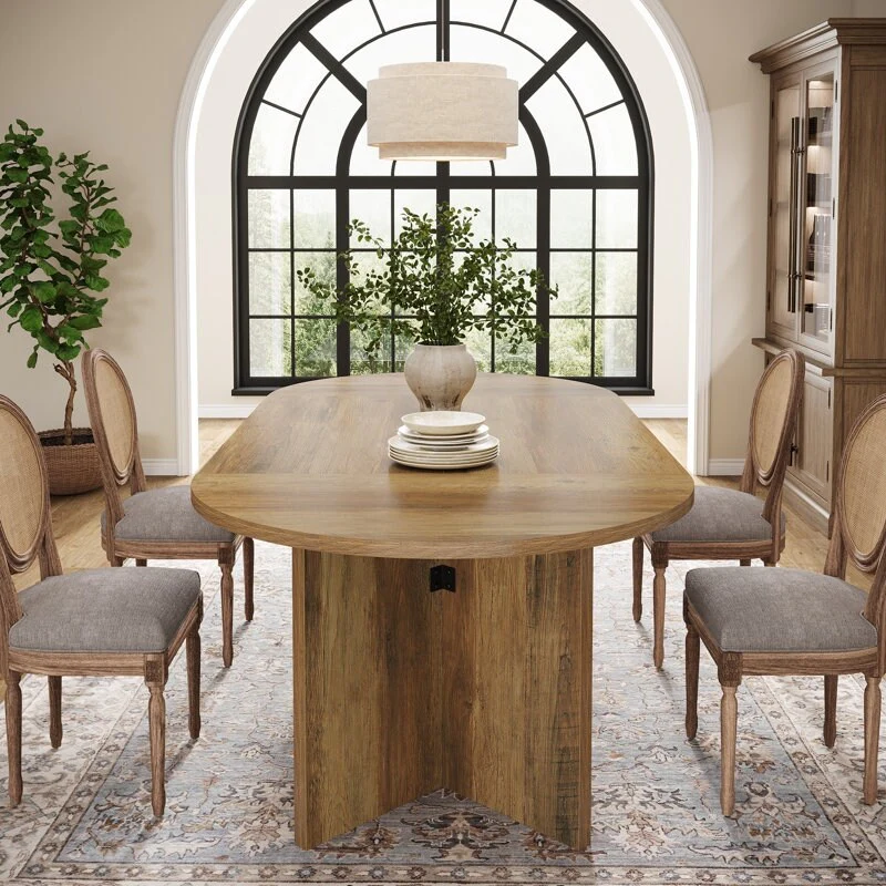 63 Rustic Oval Dining Table for 4-6，Farmhouse Kitchen Table with Metal Strip Base