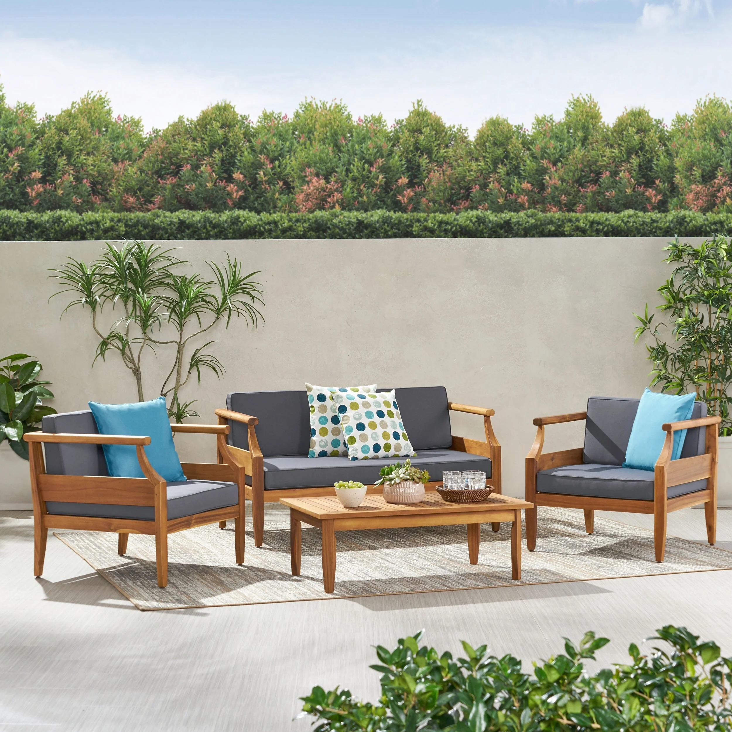 Aston Outdoor Mid-Century Modern Cushioned Acacia 4-seat Chat Set by Christopher Knight Home