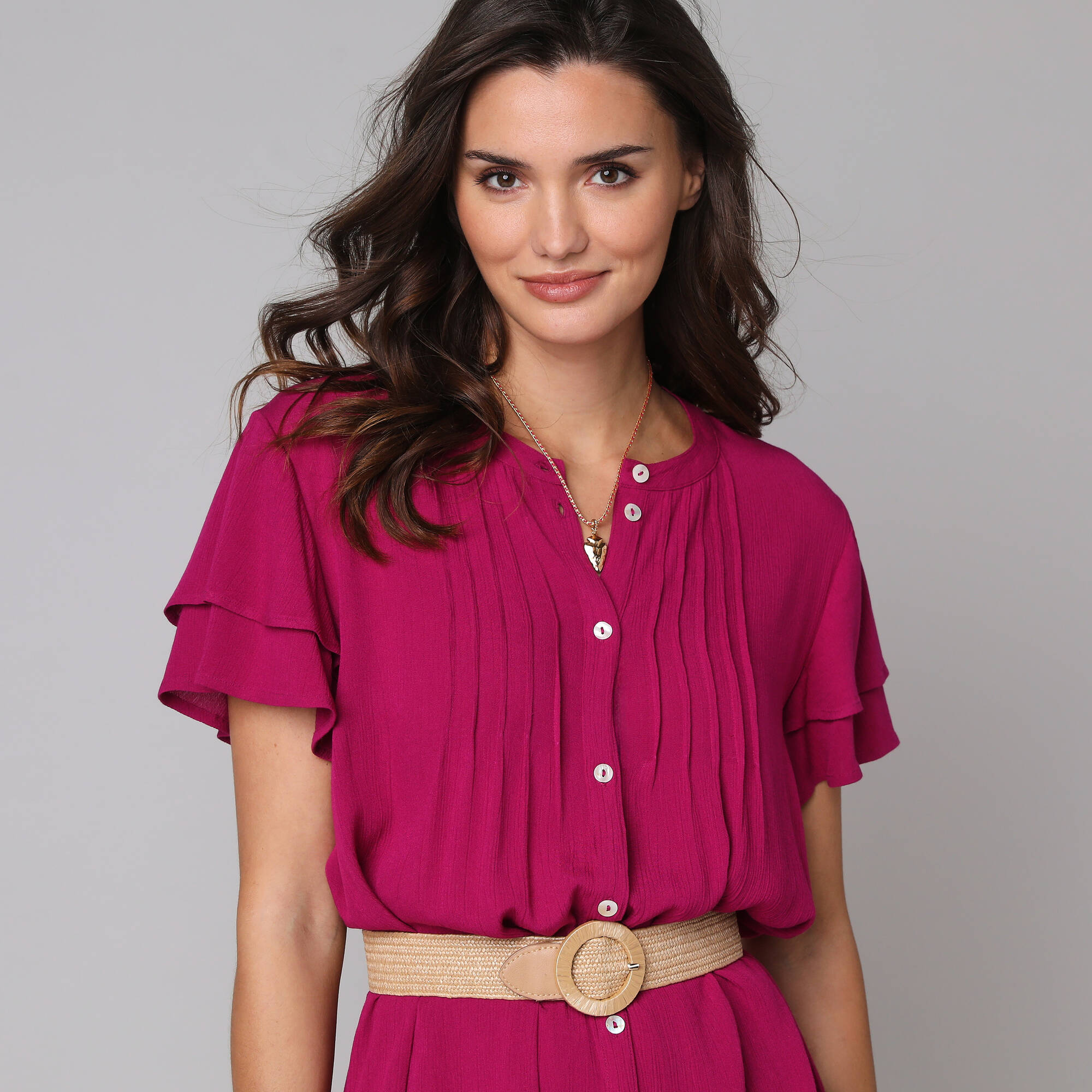 Robe unie manches courtes papillon, crépon