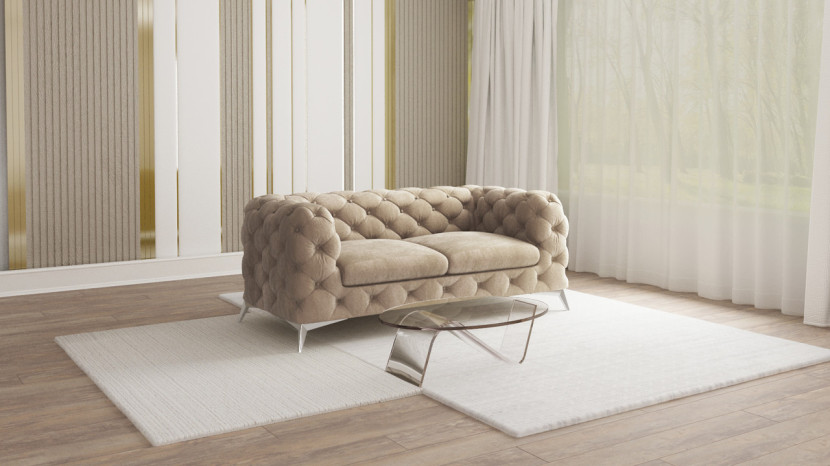 Ropez Chelsea sofa 2 osobowa pikowana beżowa nogi srebrne